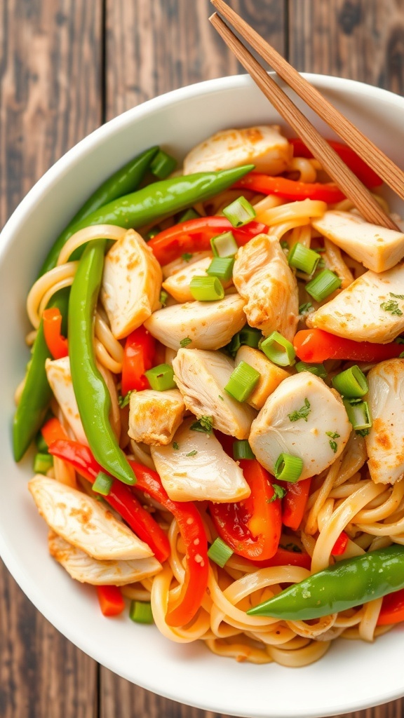 Chicken Noodle Stir-Fry Recipe A colorful chicken noodle stir-fry with vegetables and noodles in a white bowl, garnished with green onions.